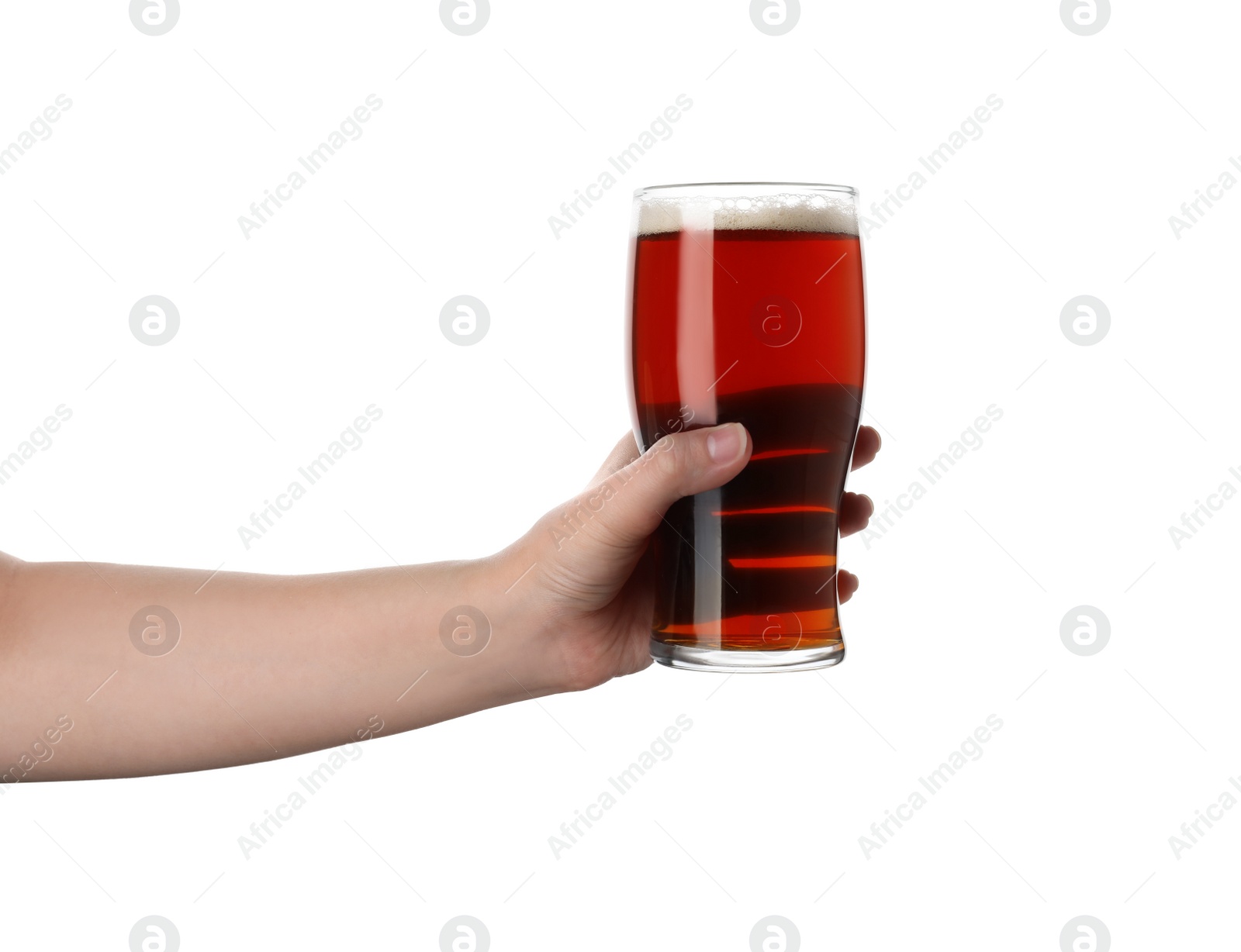 Photo of Woman with delicious kvass on white background, closeup