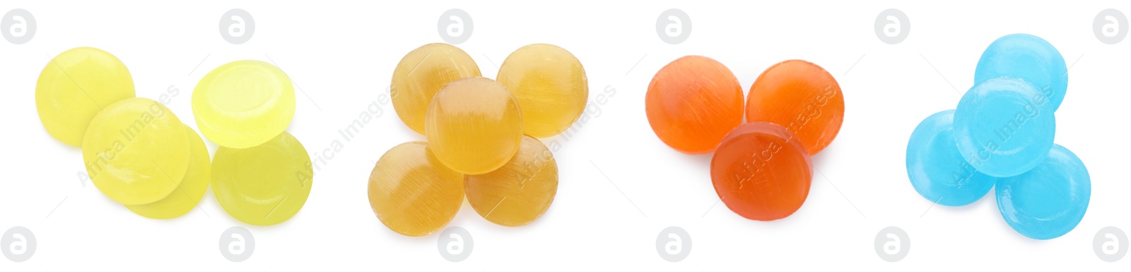 Image of Set with different cough drops on white background, top view. Banner design