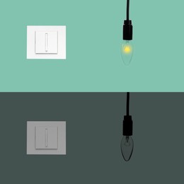 Image of Turned ON and OFF light switches and bulbs, collage