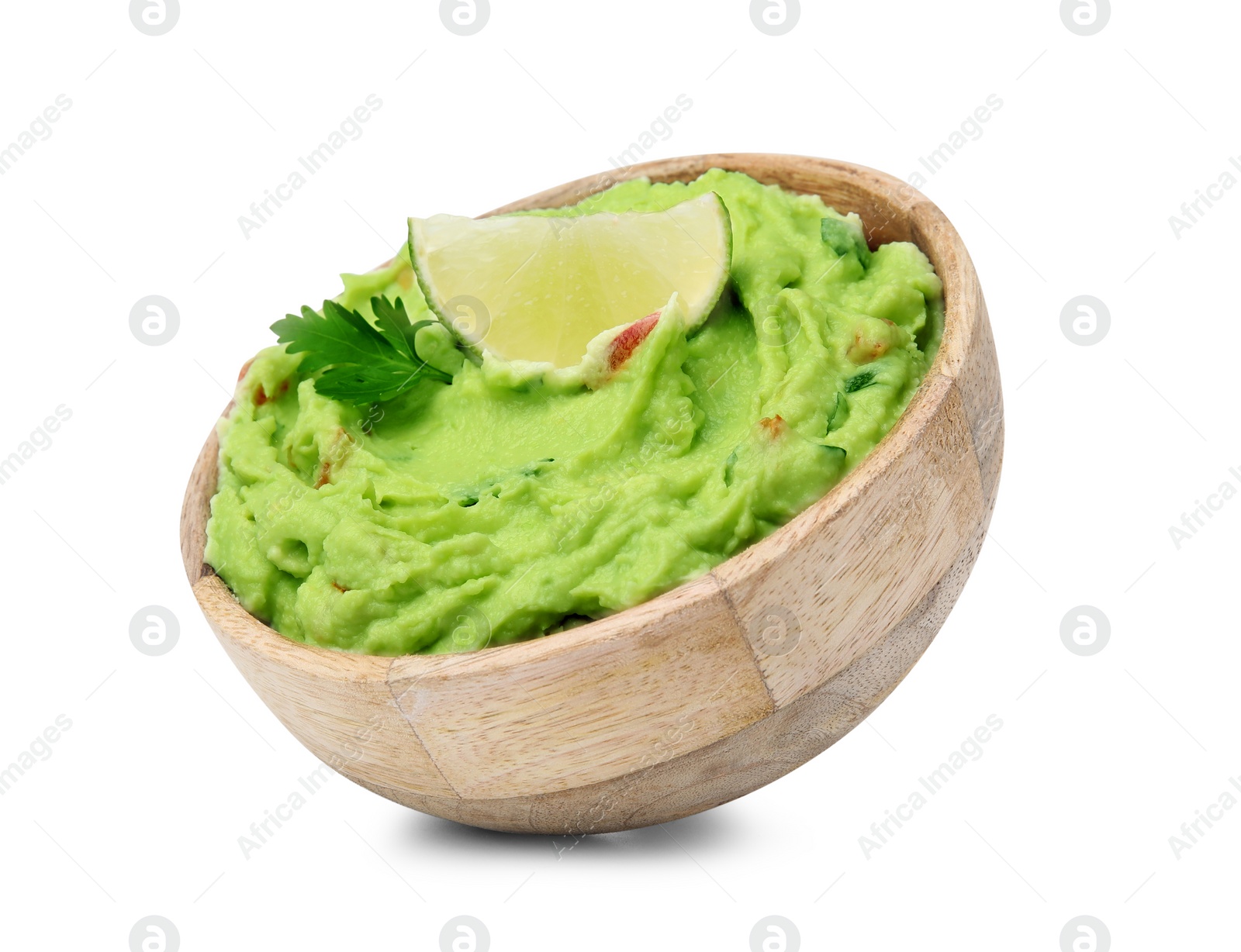 Photo of Bowl of delicious guacamole with lime isolated on white