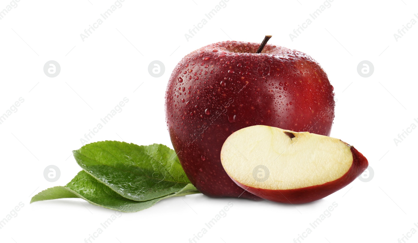 Image of Cut and whole red apples on white background