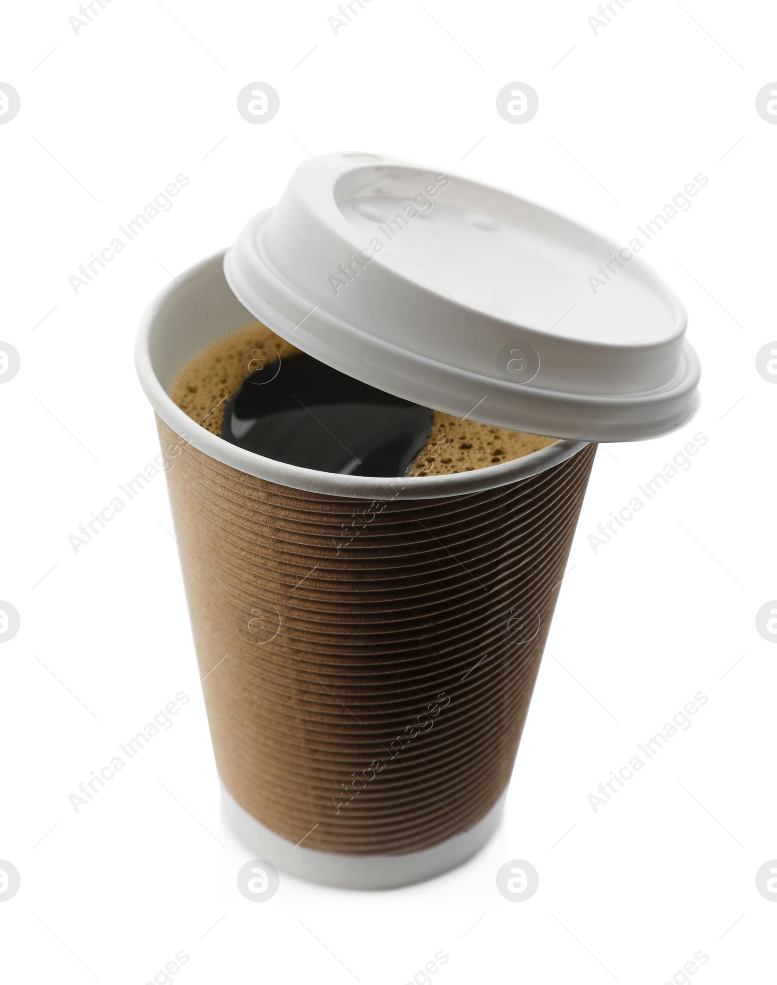 Photo of Aromatic coffee in takeaway paper cup and lid on white background