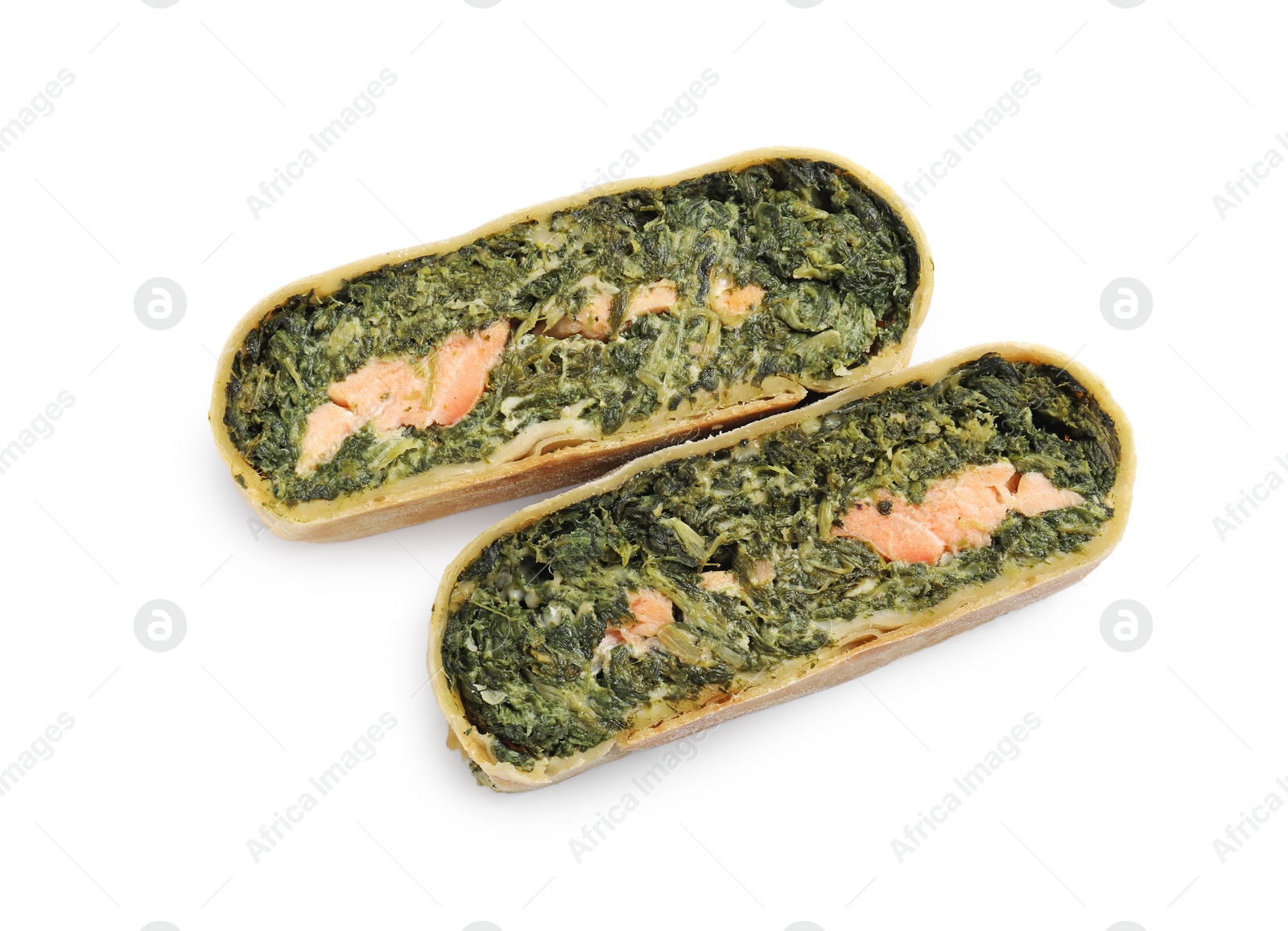 Photo of Pieces of delicious strudel with salmon and spinach isolated on white