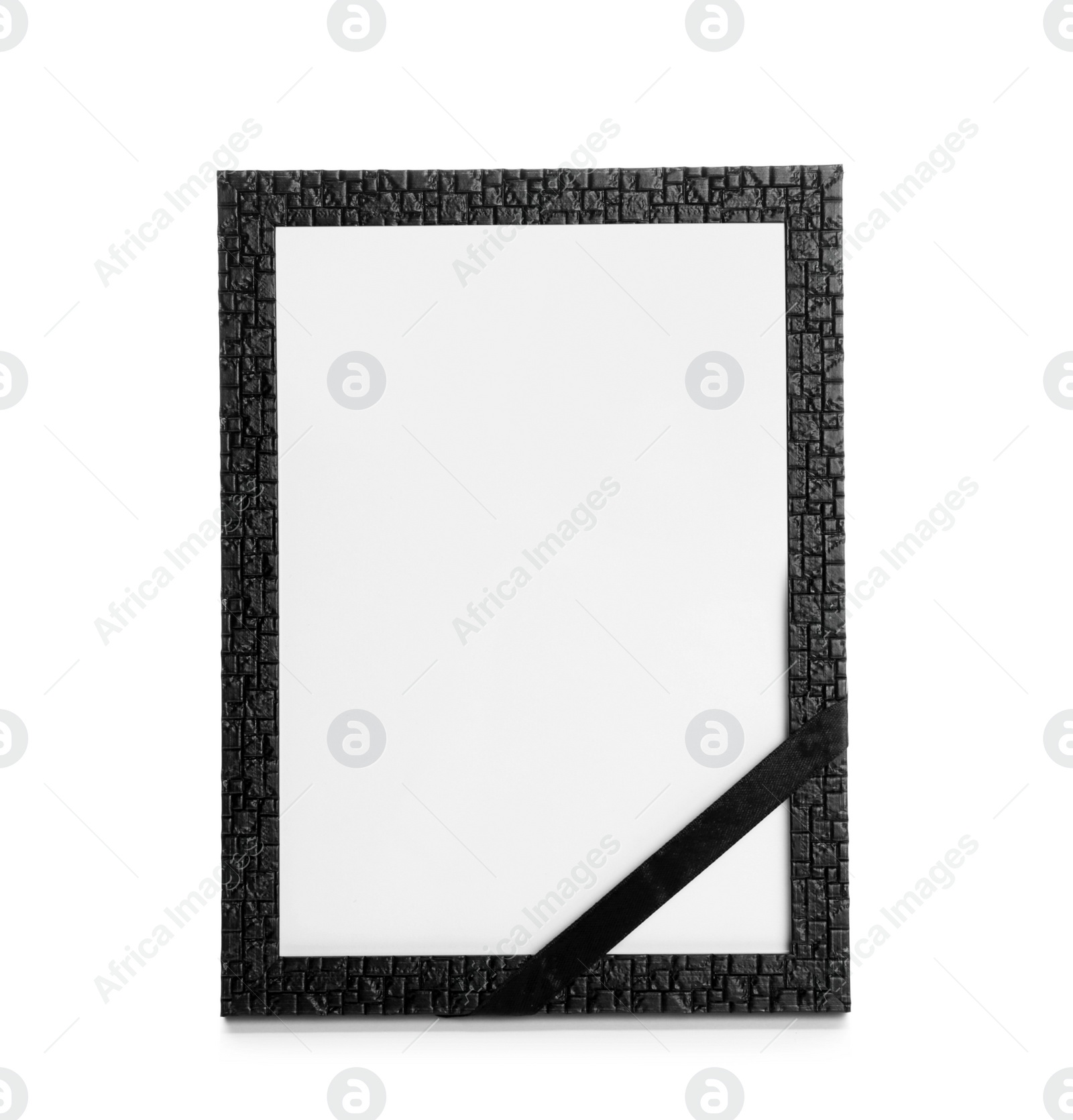 Photo of Funeral photo frame with black ribbon on white background. Space for design