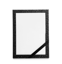 Photo of Funeral photo frame with black ribbon on white background. Space for design