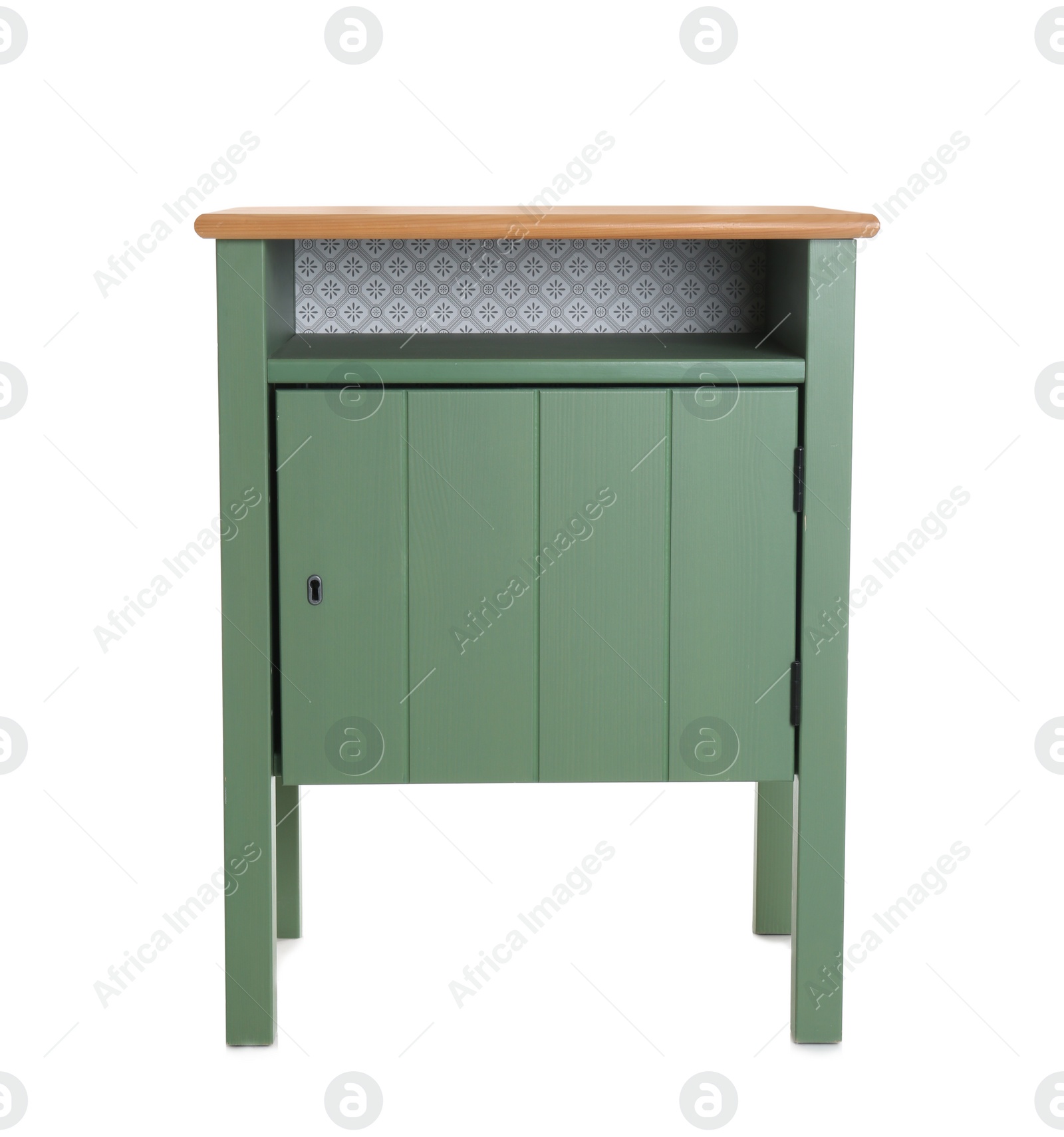 Photo of Green small cabinet on white background. Furniture for wardrobe room