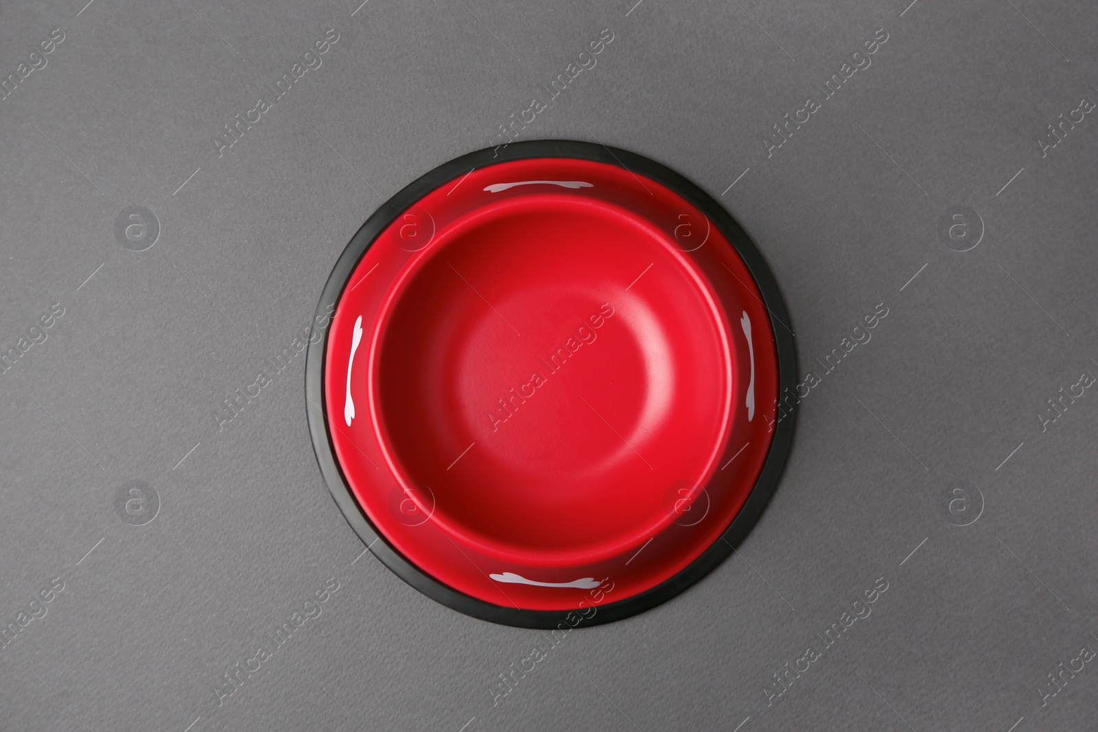 Photo of Empty red feeding bowl on dark grey background, top view