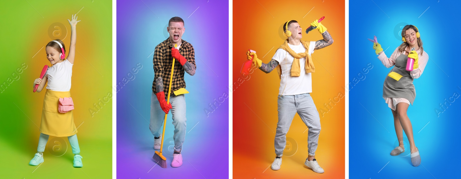 Image of Collage with photos of funny people singing on different color backgrounds. Banner design