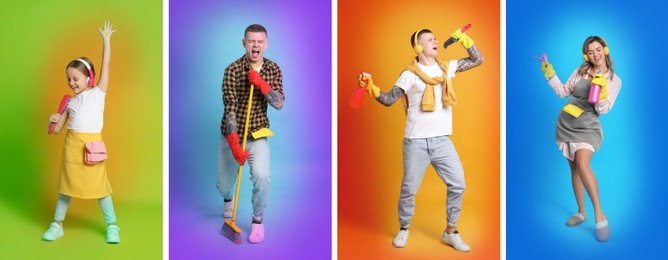 Image of Collage with photos of funny people singing on different color backgrounds. Banner design