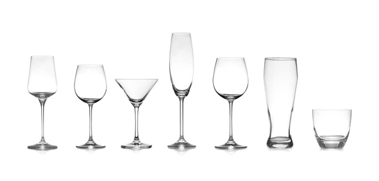 Image of Set of different empty glasses on white background. Banner design