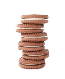 Photo of Stack of tasty chocolate sandwich cookies with cream isolated on white