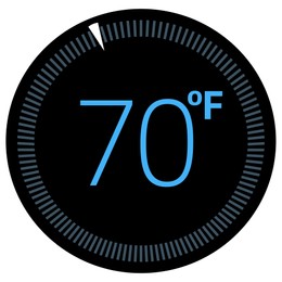 Thermostat showing ambient temperature in Fahrenheit scale. Device display on white background