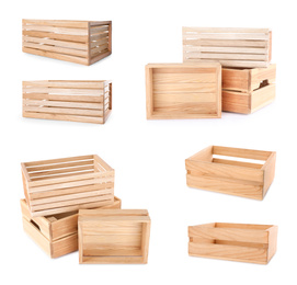 Image of Set of wooden crates on white background