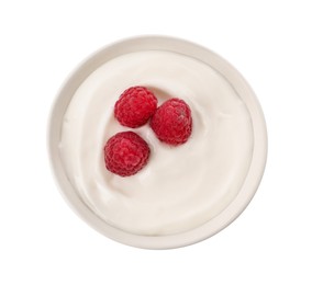 Photo of Bowl of delicious yogurt with raspberries isolated on white, top view