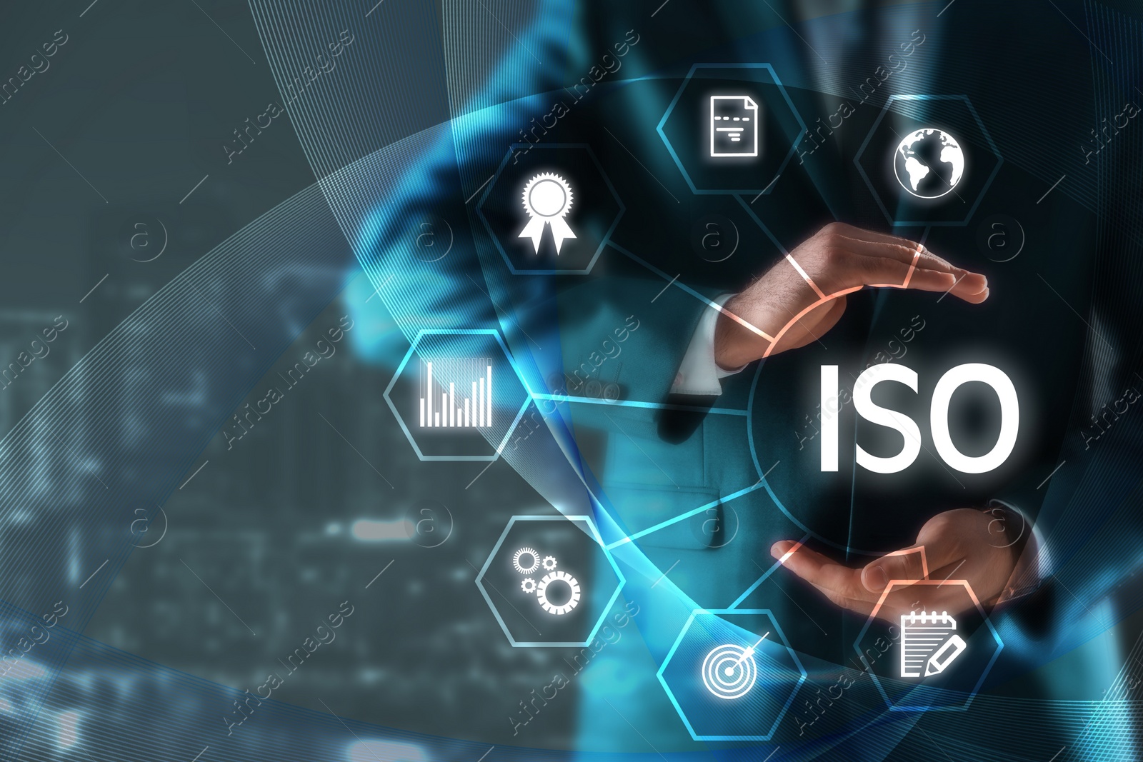 Image of Man demonstrating at virtual icon with abbreviation ISO and different icons, closeup