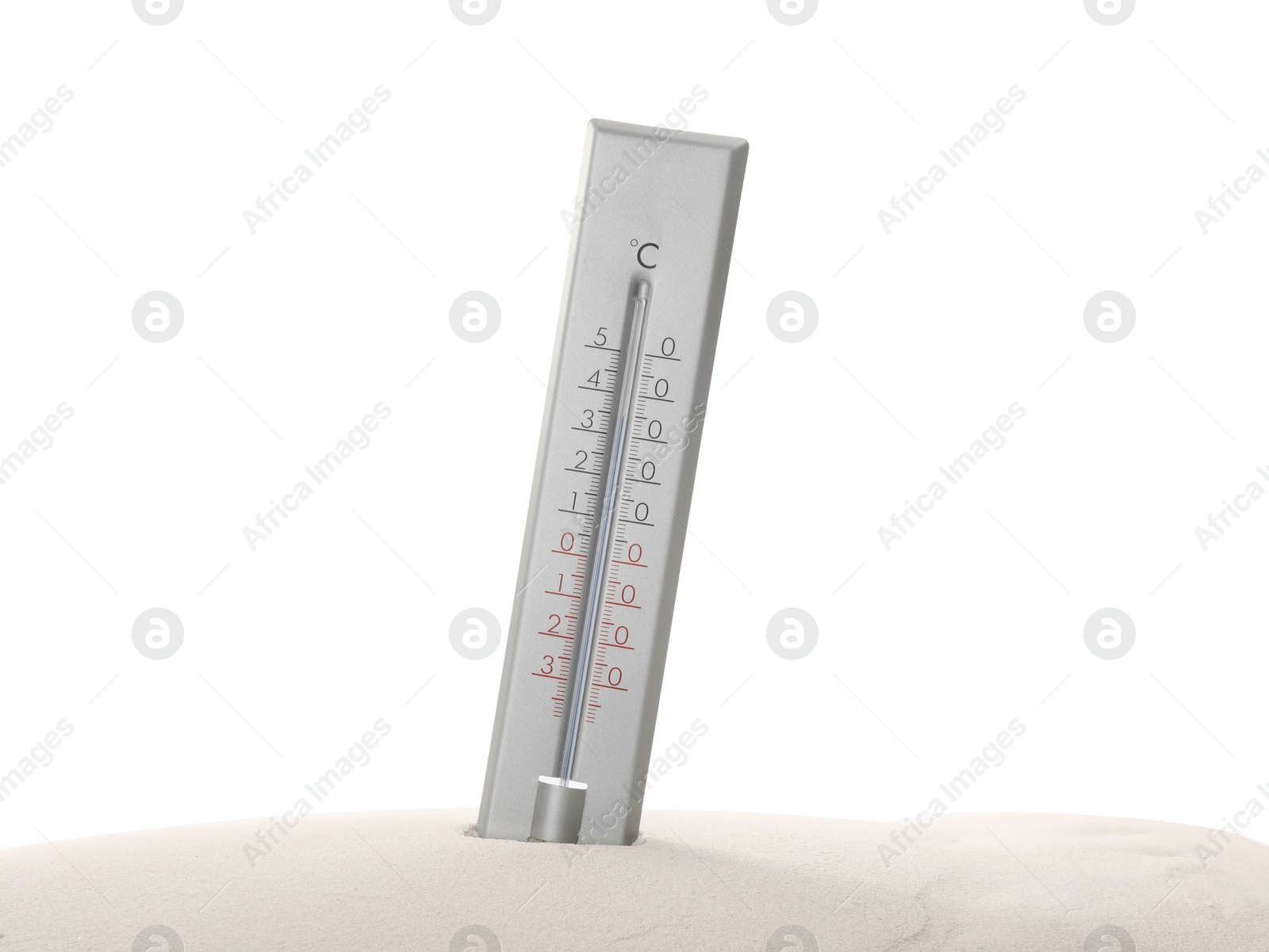 Photo of Weather thermometer in sand against white background