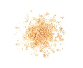 Pile of natural sawdust isolated on white, top view