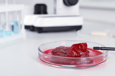Photo of Petri dish with pieces of raw cultured meat and dissecting needle on white table in laboratory. Space for text