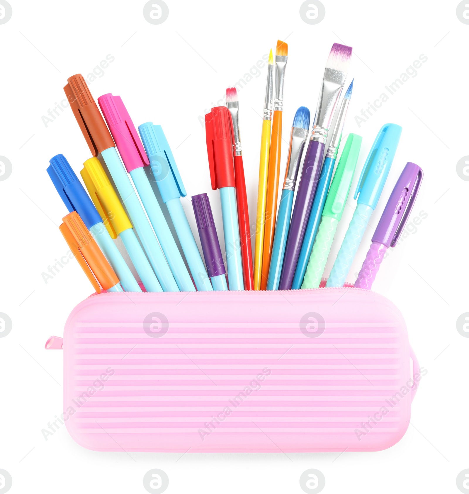 Photo of Set of colorful school stationery on white background