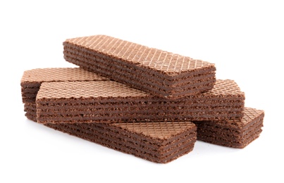 Delicious crispy wafers on white background. Sweet food