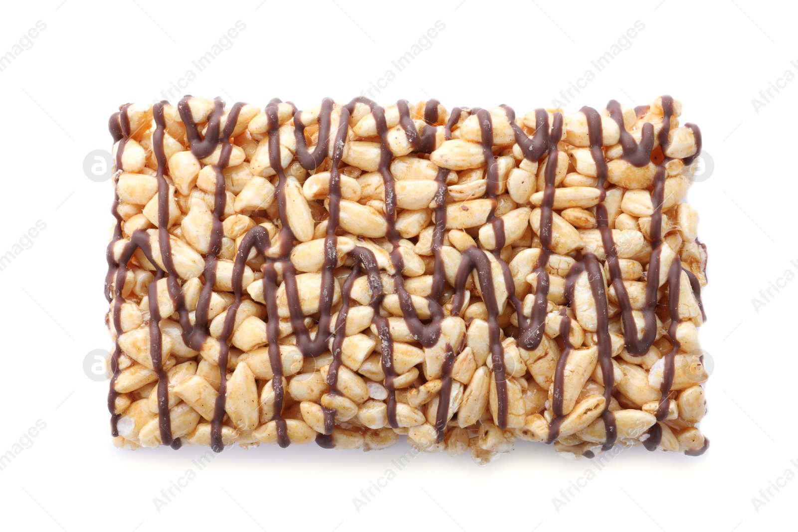 Photo of Bar of delicious rice crispy treat isolated on white, top view