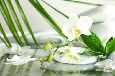 Photo of Spa stones, orchid and bamboo leaves in water. Space for text