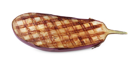 Photo of Delicious grilled eggplant half isolated on white