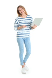 Photo of Full length portrait of young woman in casual outfit with laptop on white background