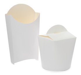Photo of Empty paper bag and box on white background. Containers for food