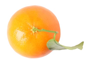 Fresh ripe tangerine with green leaf isolated on white, top view