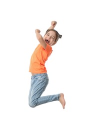 Photo of Cute little girl jumping on white background