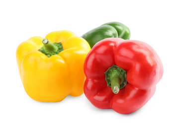 Photo of Fresh ripe colorful bell peppers isolated on white