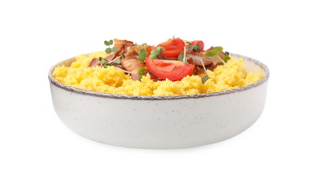 Photo of Tasty cornmeal with tomatoes, bacon and microgreens in bowl isolated on white