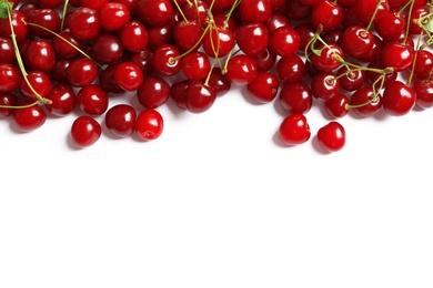 Photo of Delicious ripe sweet cherries on white background, top view