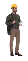 Photo of Architect in hard hat with drawing tube and draft on white background