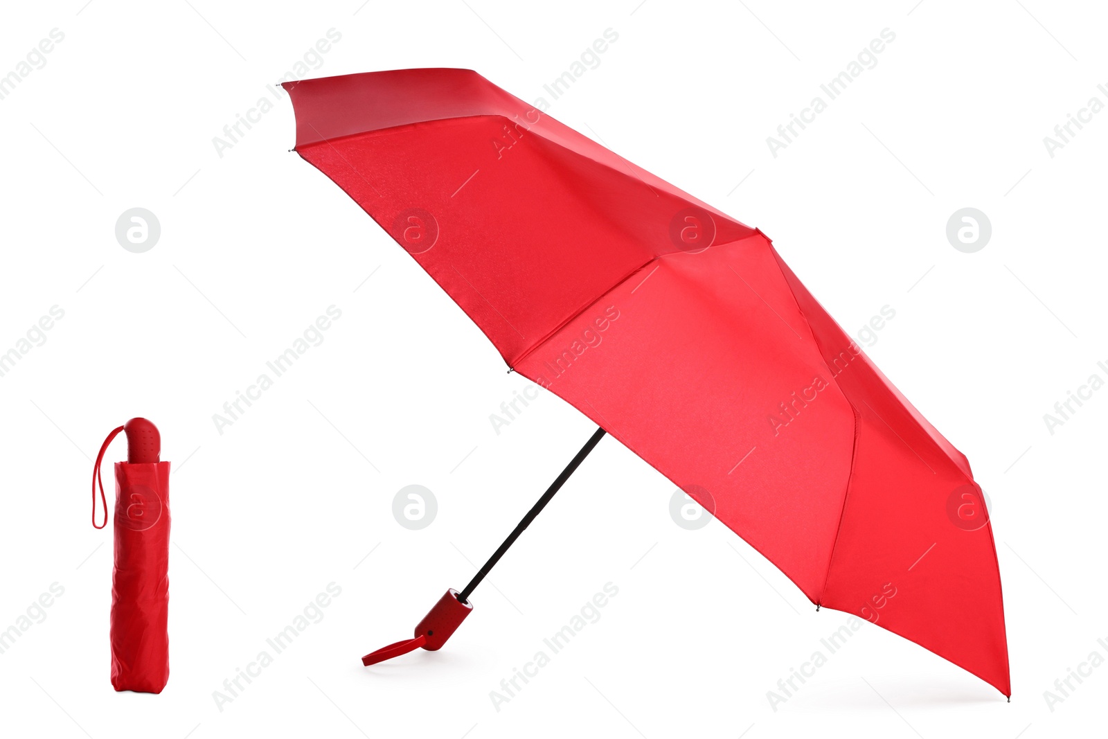 Image of Stylish open and closed red umbrellas on white background, collage