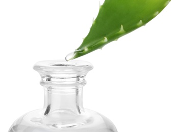 Photo of Aloe juice dripping from leaf into bottle on white background