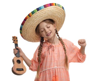 Photo of Cute girl in Mexican sombrero hat with ukulele on white background