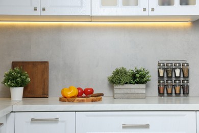 Photo of Potted artificial plants on white countertop in kitchen