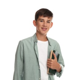 Photo of Teenage student holding books on white background