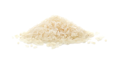 Photo of Pile of uncooked rice on white background