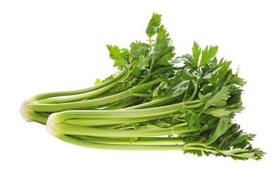 Photo of Fresh green celery bunches isolated on white