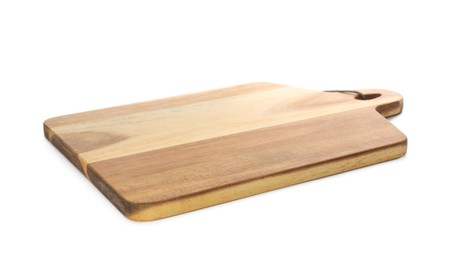 Photo of Wooden cutting board isolated on white. Cooking utensil