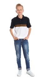 Photo of Full length portrait of teenage boy on white background