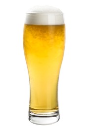 Photo of Glass of tasty light beer on white background