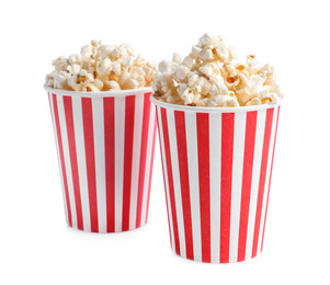 Photo of Buckets of tasty pop corn isolated on white