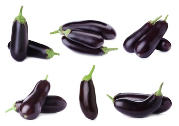 Image of Set of fresh eggplants on white background