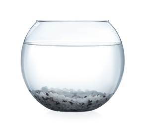 Photo of Glass fish bowl with clear water and decorative pebble isolated on white