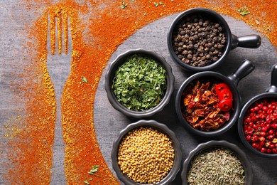 Photo of Different spices, silhouettes of fork and plate on grey table, flat lay