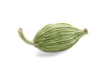 Photo of Dry green cardamom pods on white background, closeup